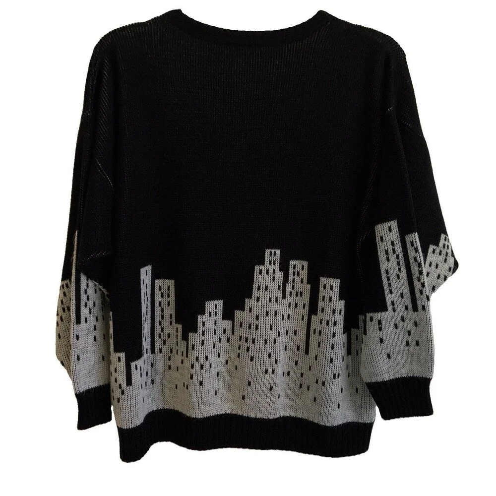 VTG Sweater New York Graphic Knit Pullover Crewneck Black Long Sleeve USA Made